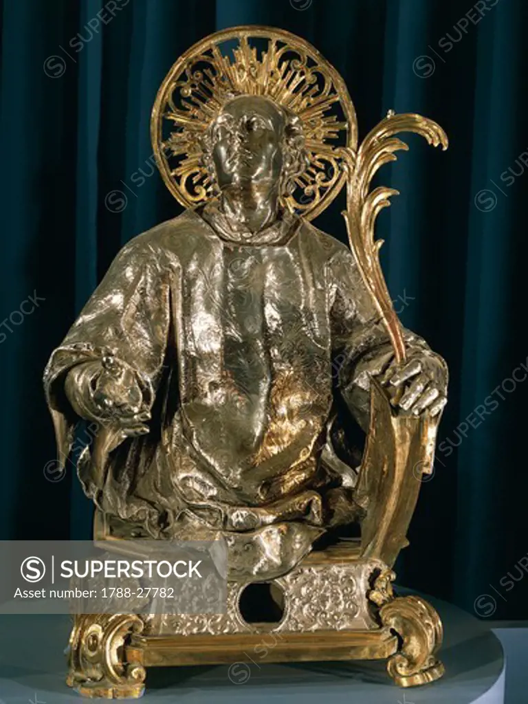 Silversmith's art, Italy, 18th century. Bust of Saint Proculus in silver and gilded bronze, made by a silversmith from Campania region, 1731. Pozzuoli (Napoli province), Church of Carmine.