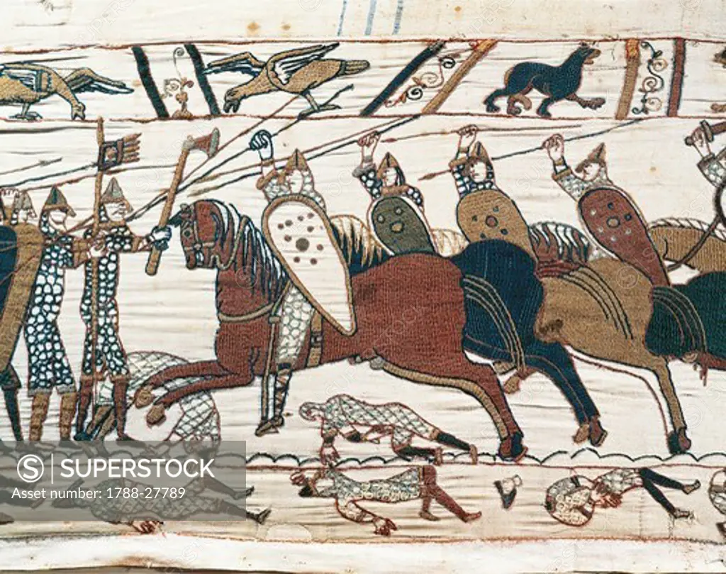 Cavalry at Hastings battlefield, detail of Queen Mathilda's Tapestry or Bayeux Tapestry depicting Norman conquest of England in 1066, France, 11th century.