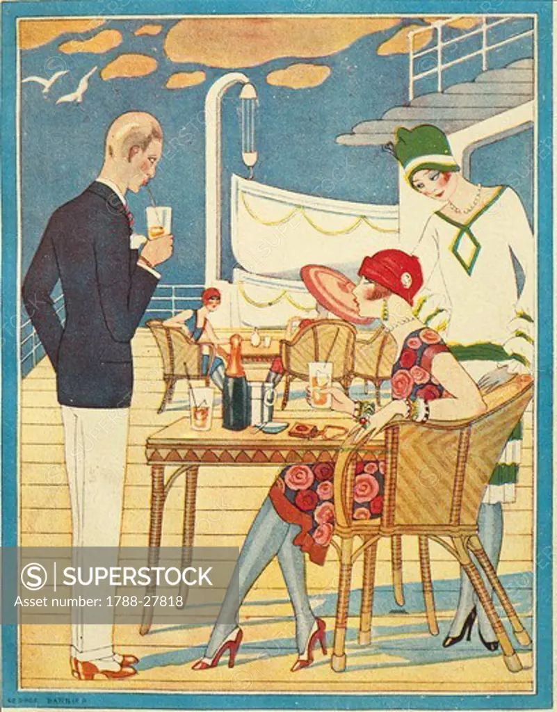 France, 20th century. Menu of the Transatlantic General Company. Illustration depicting passengers drinking cocktails, 1907.