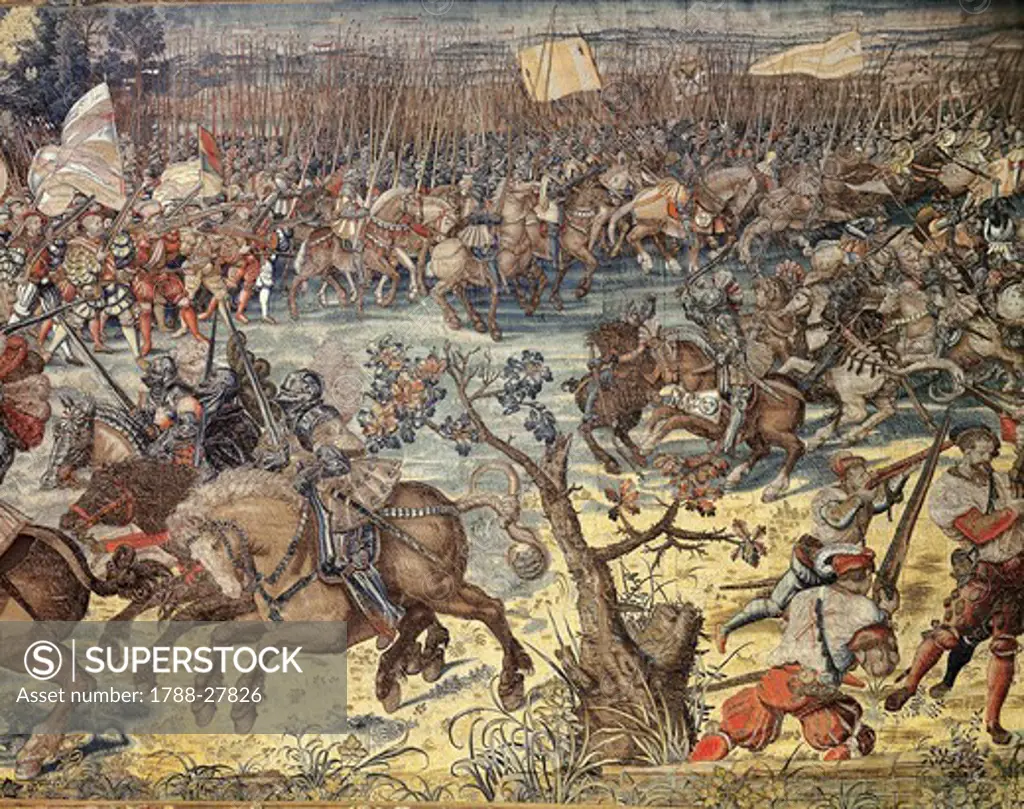 The Advance of Charles V's Troops during the Battle of Pavia, 1525, 16th century Flemish tapestry based on a cartoon by Bernaert van Orley, manufacture of Brussels.