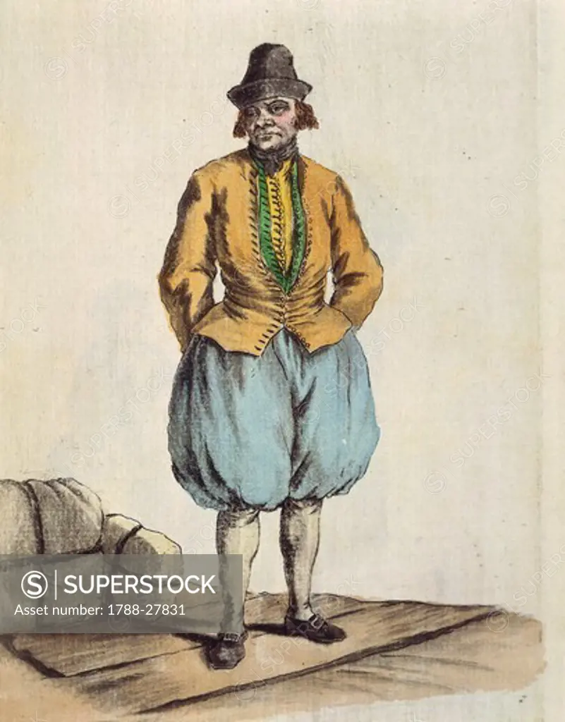 Fashion, Netherlands, 18th century. Sailor from Frisia. From Series of Costumes of the Northern Region. Engraving by Sylvain Marechal, 1787.
