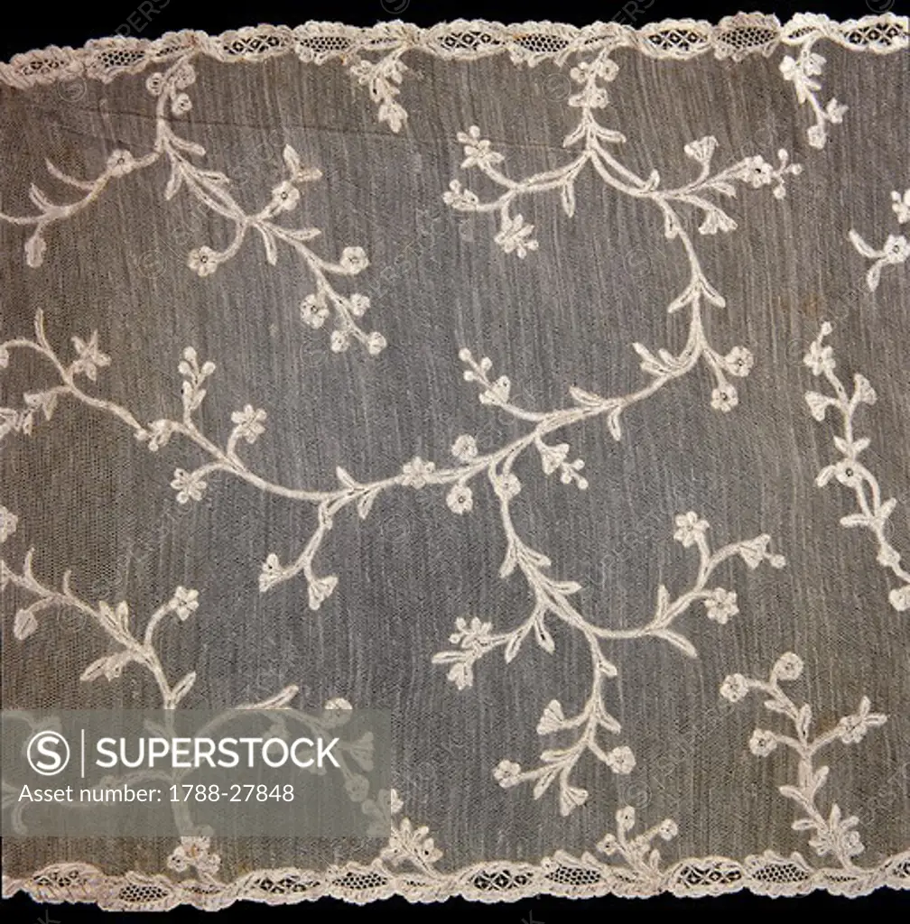 Laces, 18th century. Milk net scarf with Burano stitch (Punto Burano) lace peach blossoms-shoots.