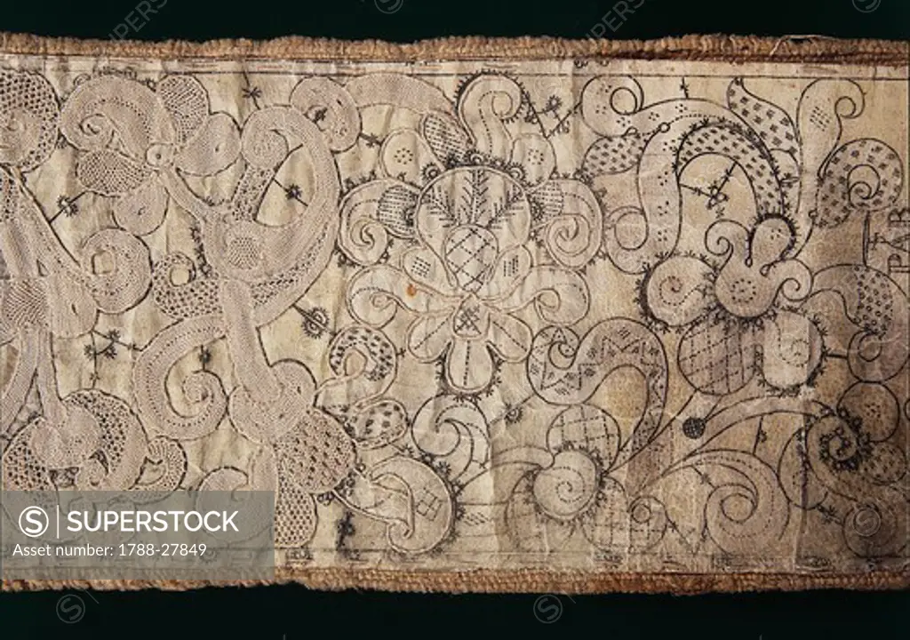 Laces, 17th century. Venice stitch (Punto Venezia) lace hem with vegetable and floral motifs, on the course of manifacture.