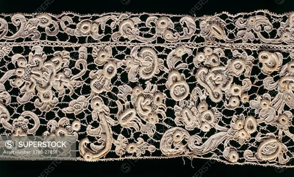 Laces, 17th century. Venice stitch (Punto Venezia) needle lace hems with high relief foliage, approximately 1650. Detail.