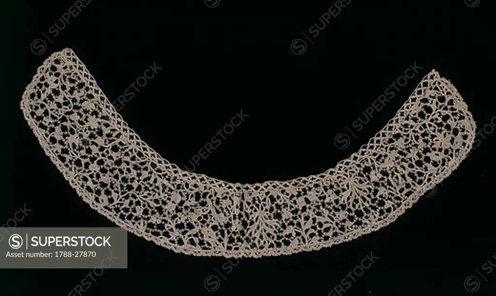 Laces, 17th-18th century. Collar made with fragments of a flat or royal stitch (Punto Piatto or Punto Reale) lace of 1685-99.