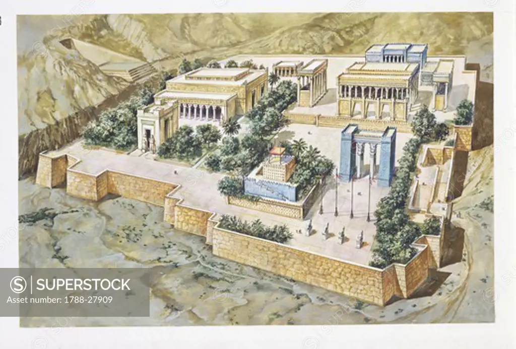 Persian Civilization. Reconstruction of the Royal complex at Persepolis, founded by Darius the Great (6th century b. C.). Artwork