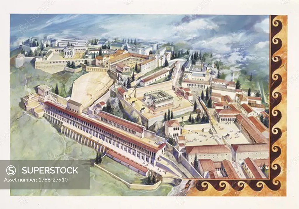 Asia minor, or Anatolia (modern Turkey) - Pergamon. Reconstruction of the acropolis, drawing