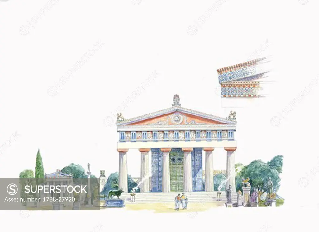 Italy - Sicily Region. Greek Selinunte (Selinus). Reconstructed Temple C and megaron. Color illustration
