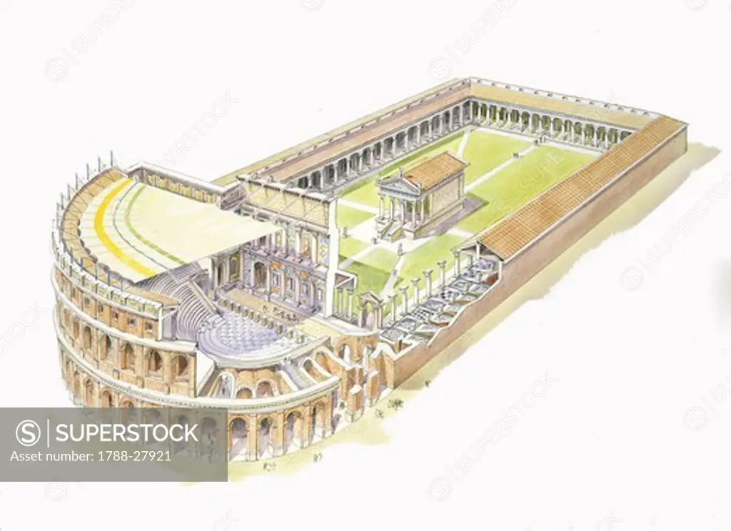 Italy - Latium Region - Roman Ostia. Reconstructed theater and corporation plaza. Color illustration