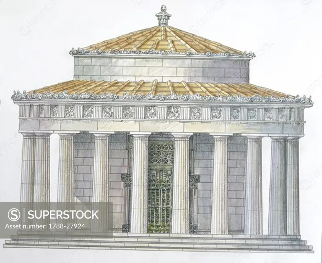 Greece - Delphi. Reconstructed circular 'tholos' building at Marmaria. Color illustration