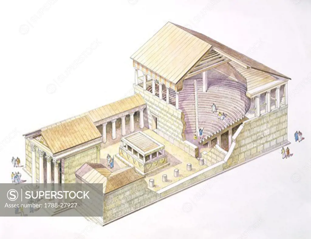 Turkey. Ancient Greek Miletus. City Senate building 'Bouleuterion'. Color illustration