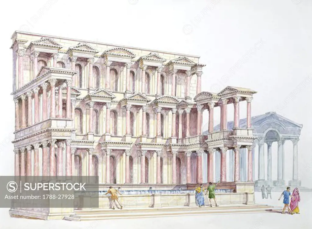 Turkey. Ancient Greek Miletus. Reconstructed city reservoir building 'nymphaeum'. Color illustration