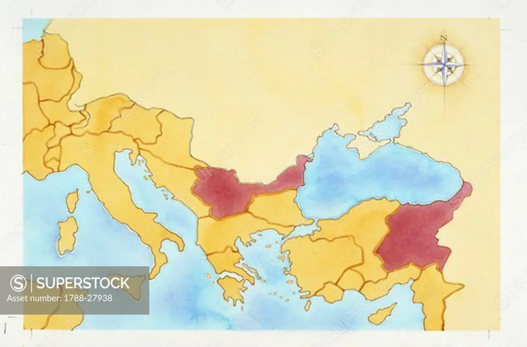 Ancient Rome. Map of Roman Empire under Emperor Tiberius rule,  1st century AD. Color illustration