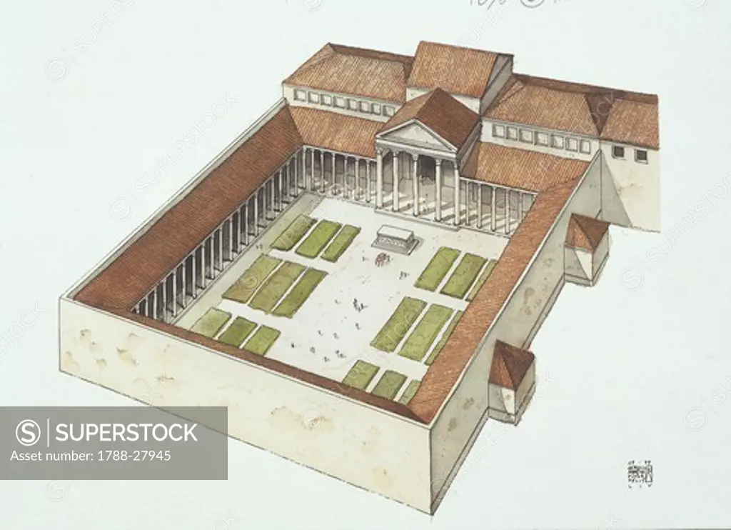 Roman civilization - Reconstructed Forum built by Roman Emperor Titus Flavius Vespasianus, known as Vespasian (9-79 b.C.). Color illustration.