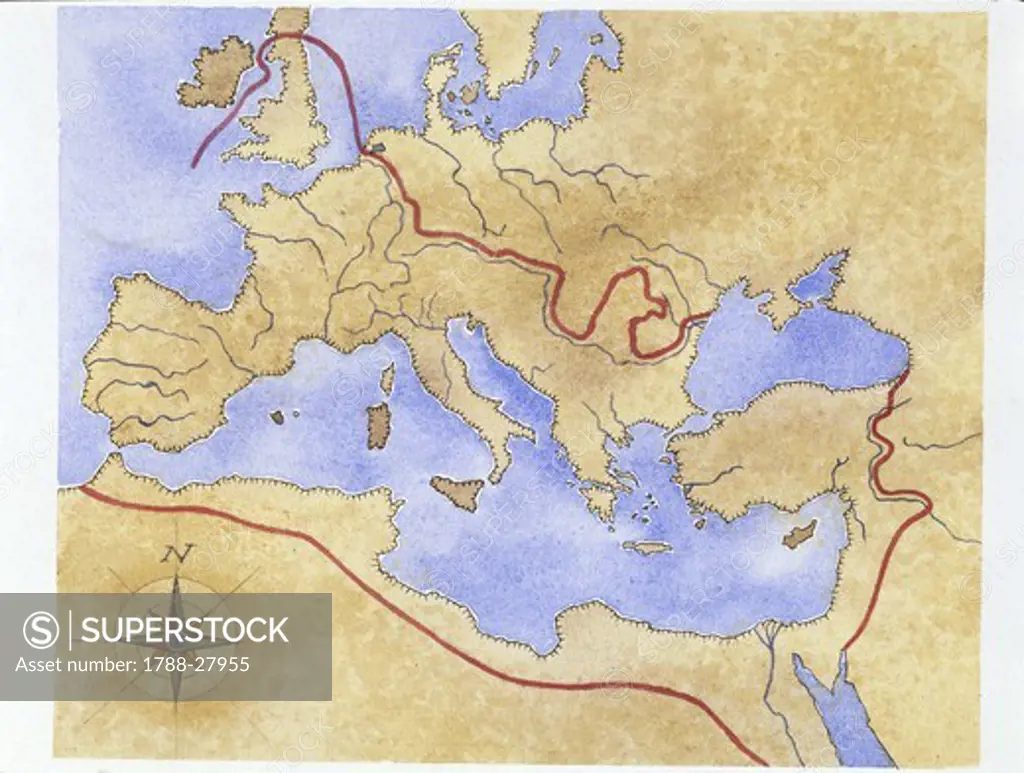 Cartography - Ancient Rome, map of Roman Empire during the 2nd century, illustration