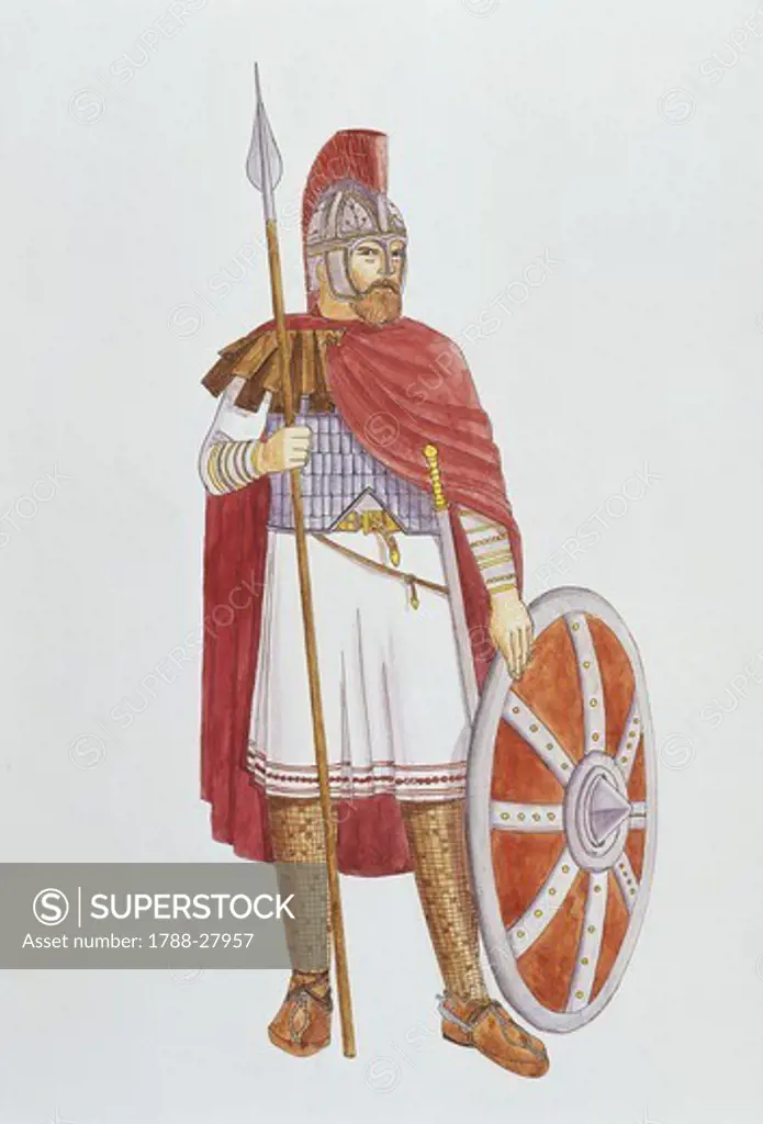 Roman Civilization. Uniformed military officer, AD 3rd-4th century. Colour illustration