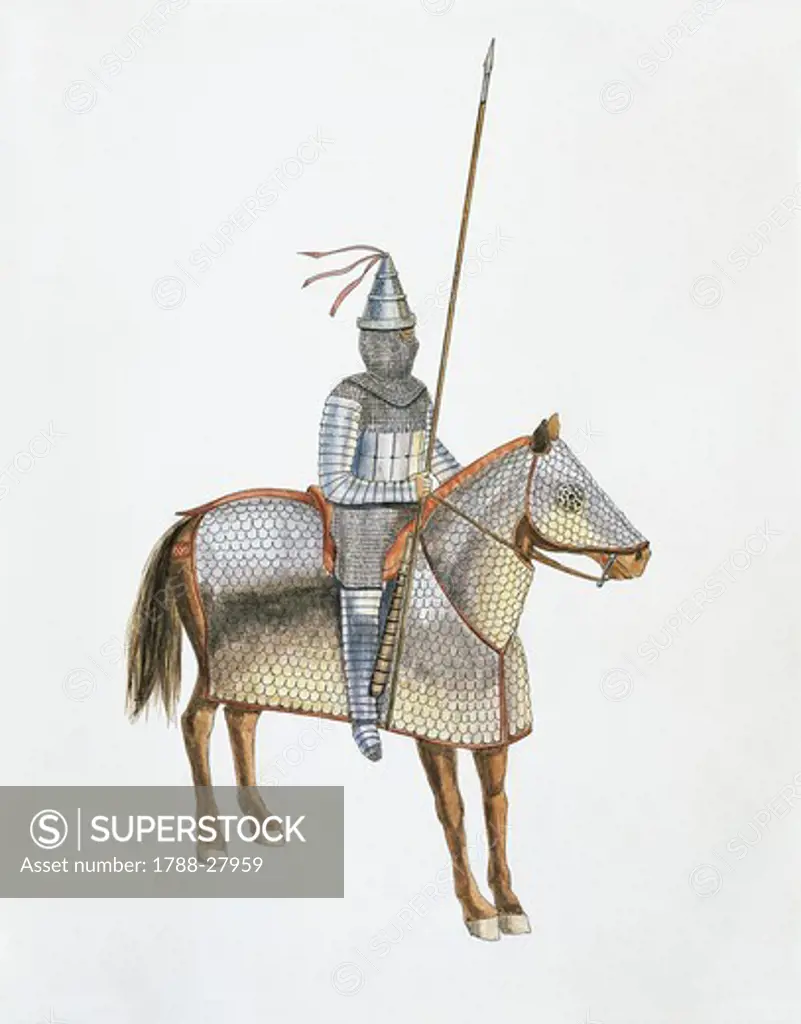 Roman Civilization. Barbarian horseman in battle attire, AD 3rd century. Colour illustration