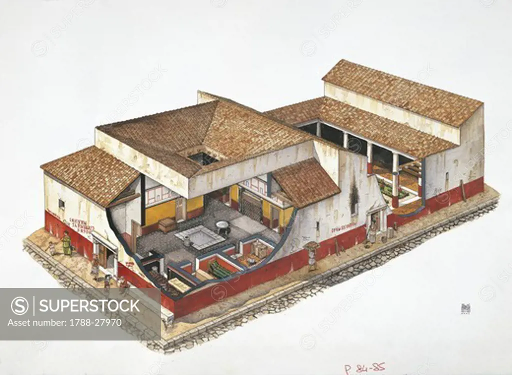 Archaeology - Roman civilization. Residential Pompeii.  Reconstruction of a house with peristyle. Colour illustration