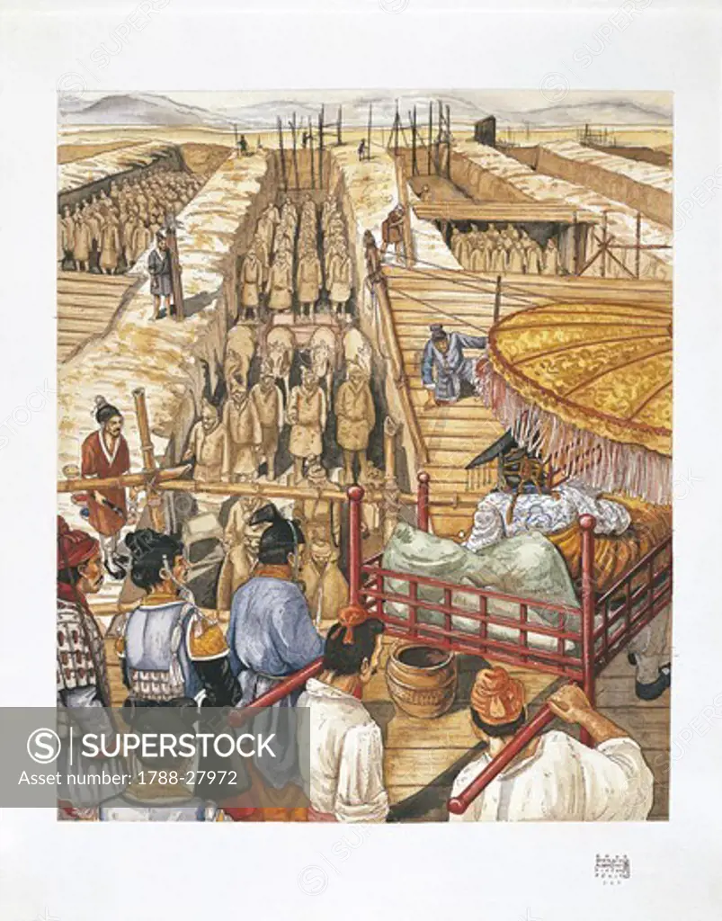 Chinese Civilization - Building of the Mausoleum of Emperor Qin Shi Huang-Ti (reign 221-210 BC). Workmen interring terracotta soldiers. Color illustration