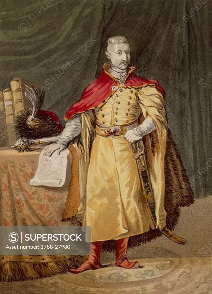 Polish nobleman in ancient clothes. Watercolor by Noblin and Debucourt, circa 1820.