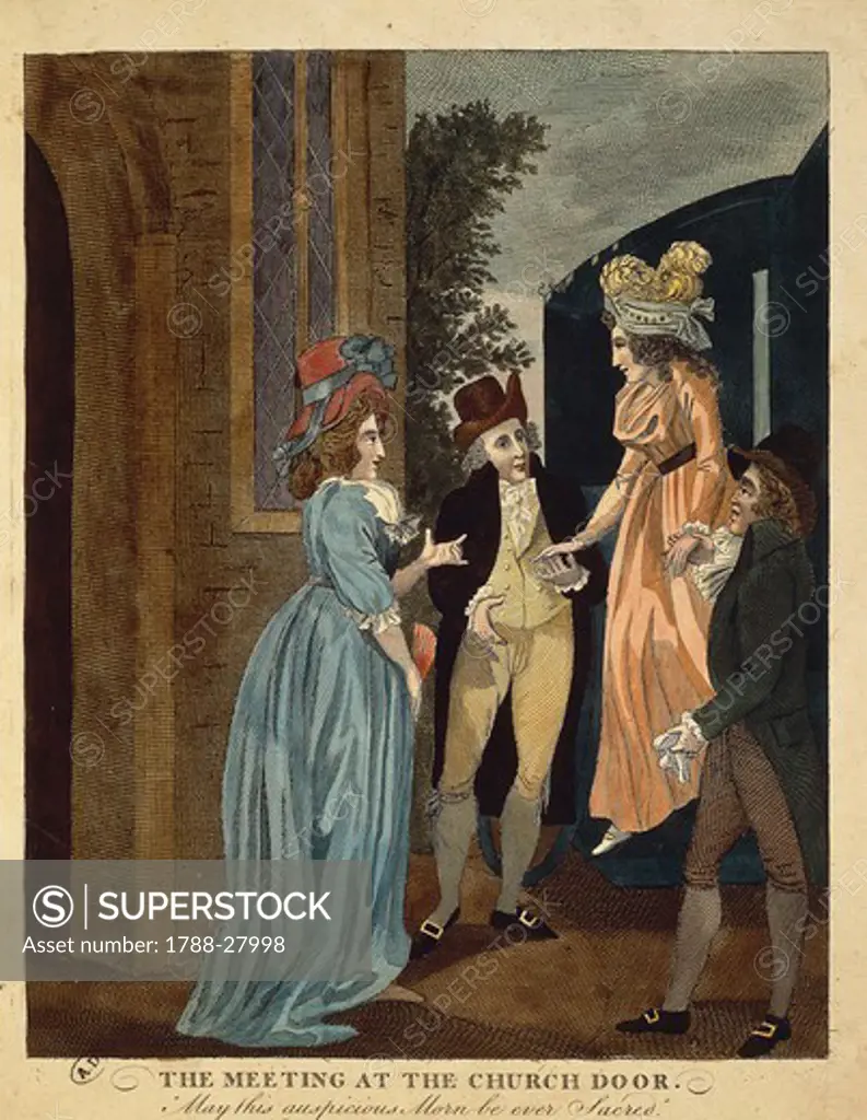 England, 18th century. Encounter at the church's entrance. Print, 1792.