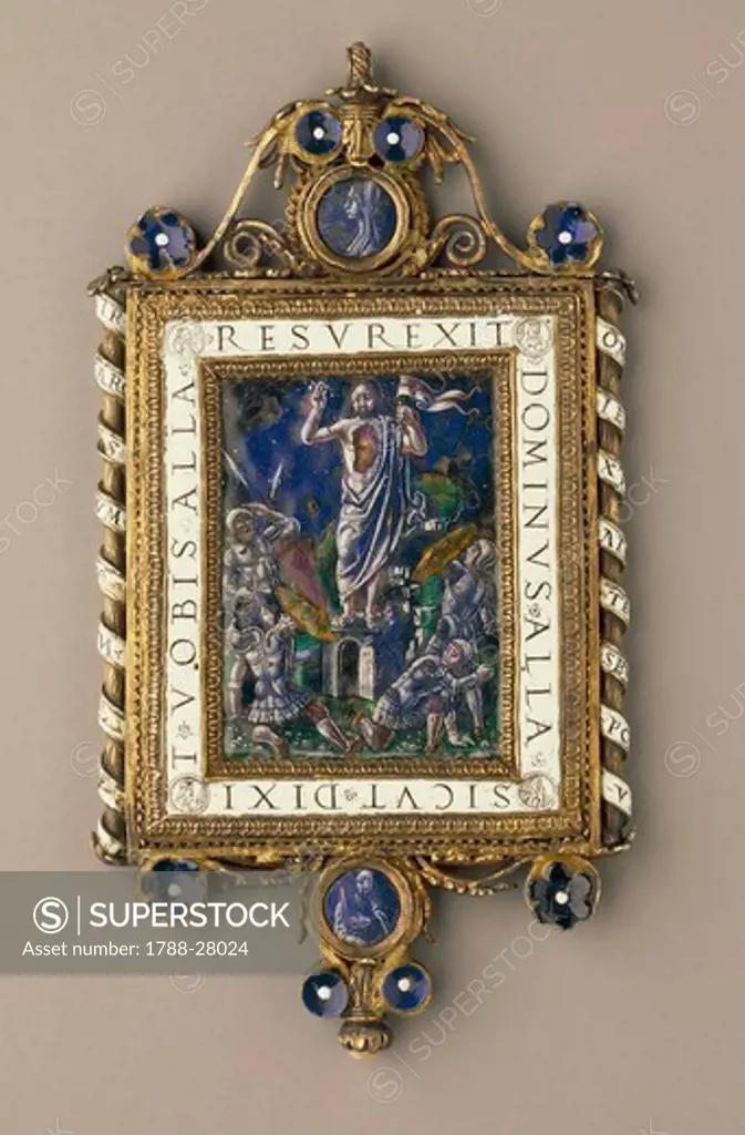 Silversmith's art, Italy, 16th century. Chiselled, enamelled gilded silver pendant plaque set with pearls and mother-of-pearl. Side depicting the Resurrection.