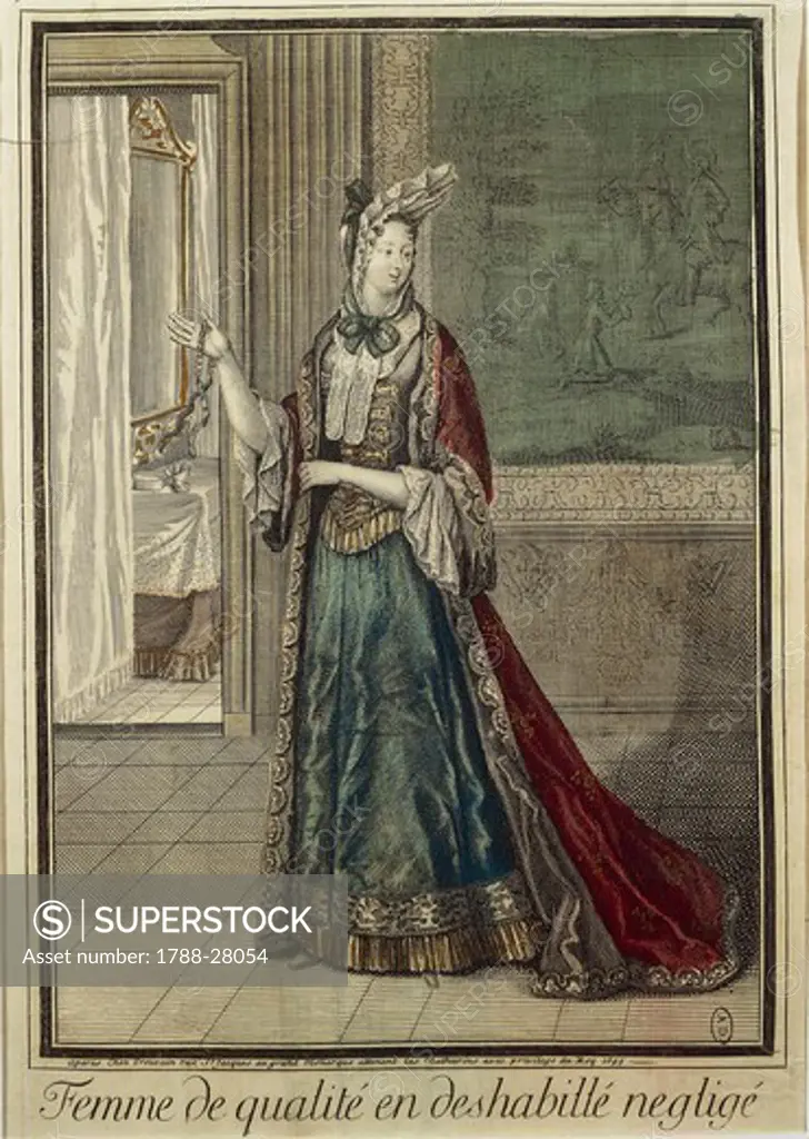 Fashion, France, 17th century - Gentlewoman in a dressing gown (Femme de qualite en deshabille neglige), 1695.