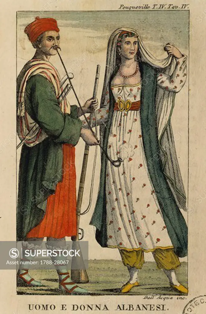 Albania, 19th century. Men's and women's fashion plate depicting Albanian costumes. From Francois Charles Hugues Laurent Pouqueville (1770-1838), Journey through the Ottoman Empire, 1805. Colorprint by Dall'Acqua.