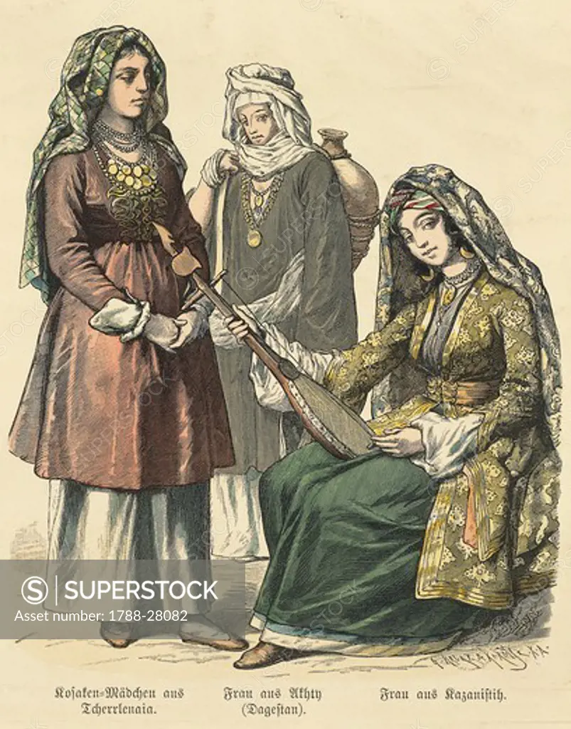 Fashion, Russia, 19th century. Young women's costumes.