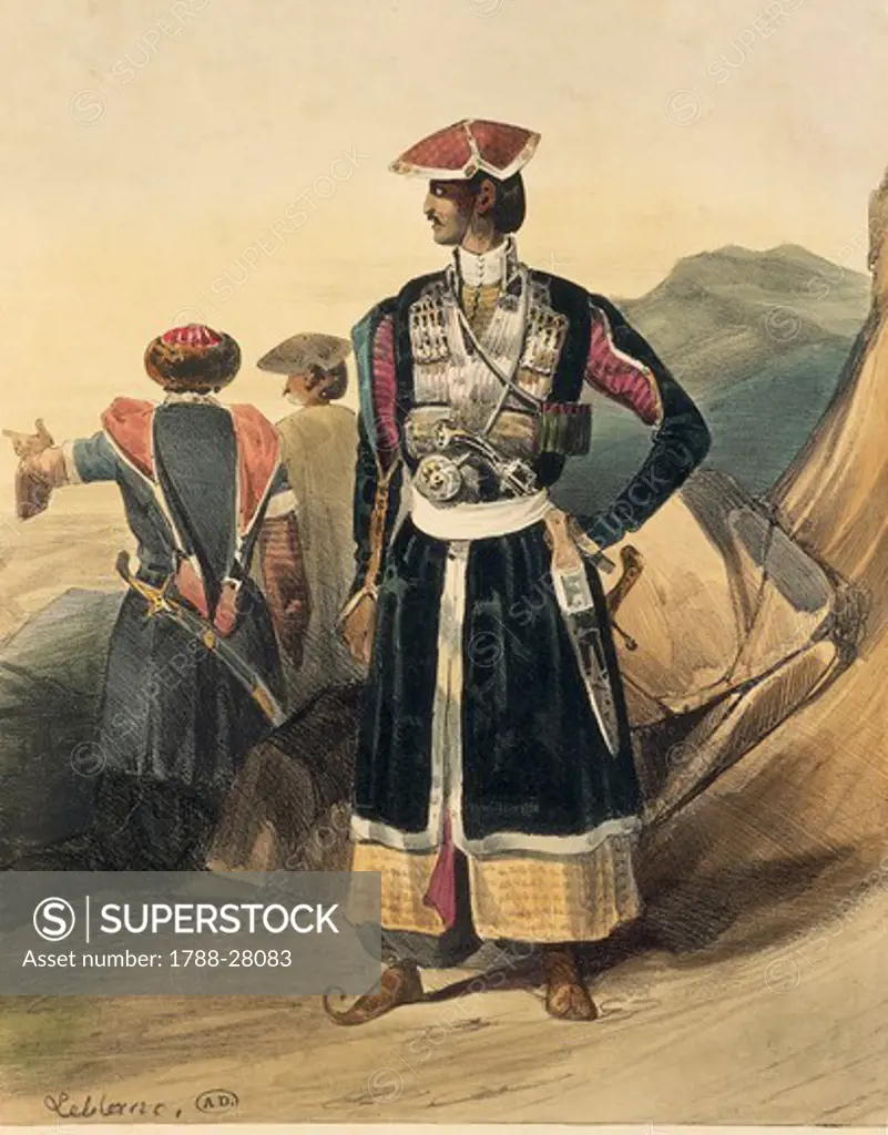 Fashion, Russia, 19th century. Male costume of a Georgian Prince. Lithograph by Leblanc.