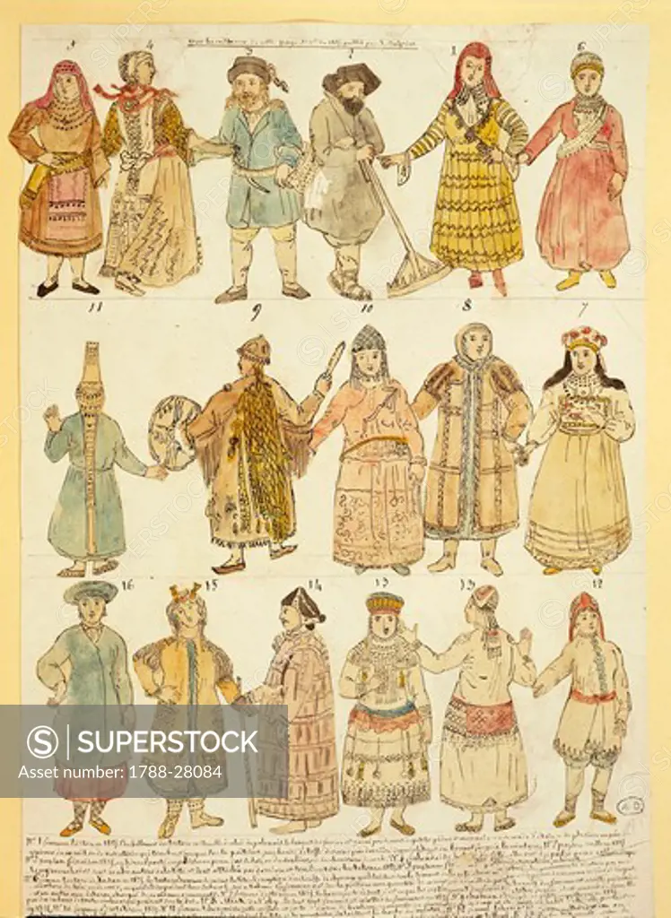 Fashion, Russia, 19th century. Men's and women's costumes. Watercolor.