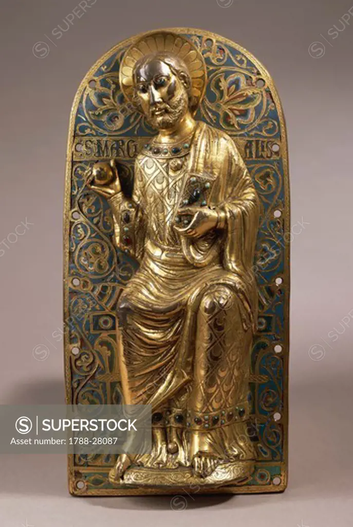 Goldsmith's art, France, 13th century. Gilded copper and Limoges enamel plaque of Saint Martial, 1230.