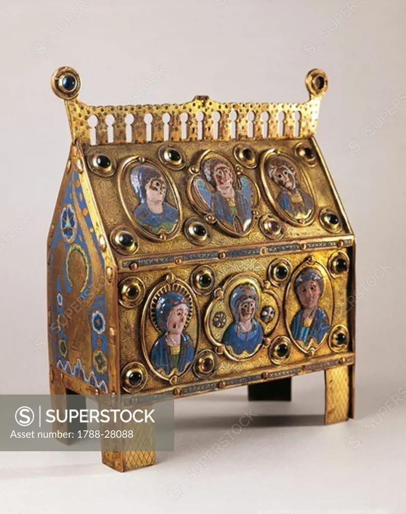 Goldsmith's art, France, 13th century. Reliquary box with Limoges enamel miniatures depicting Christ, Virgin Mary, Angels and Saints.