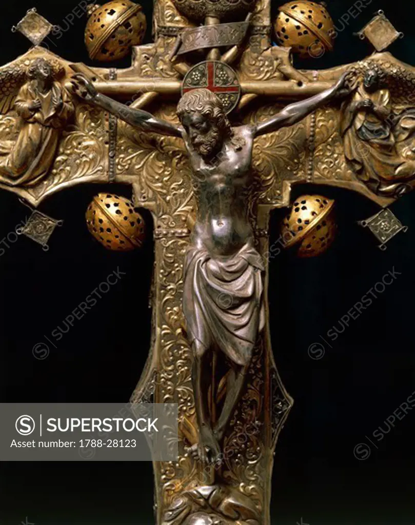 Silversmith's art, Italy, 15th century. Nicola Gallucci da Guardiagrele (1385-1462), processional cross of Saint Maximus, 1434, in silver, enamel and copper. Height 90 cm. Front side. Detail: the Crucifixion.