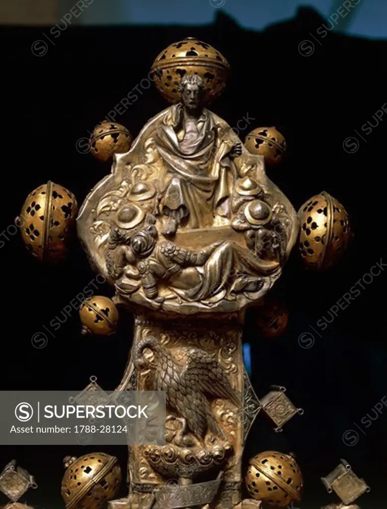 Silversmith's art, Italy, 15th century. Nicola Gallucci da Guardiagrele (1385-1462), processional cross of Saint Maximus, 1434, in silver, enamel and copper. Height 90 cm. Front side. Detail: the Resurrection of Christ and the symbol of Pelican.