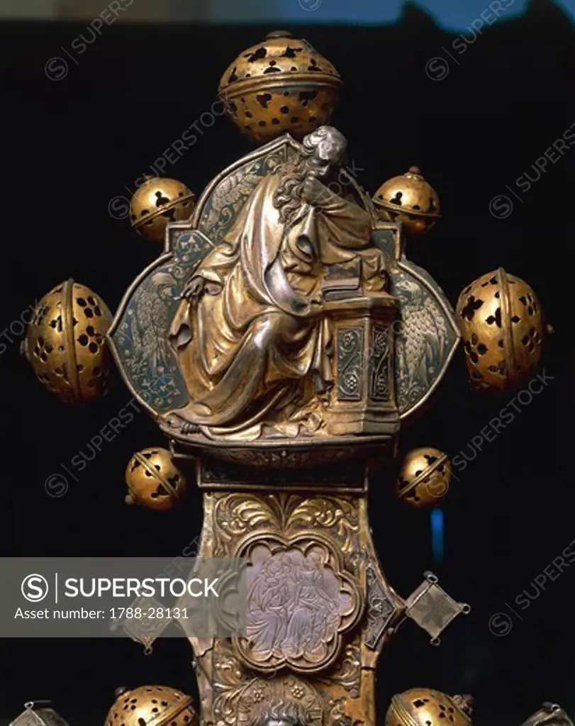Silversmith's art, Italy, 15th century. Nicola Gallucci da Guardiagrele (1385-1462), processional cross of Saint Maximus, 1434, in silver, enamel and copper. Height 90 cm. Back side. Detail: Saint John the Evangelist.