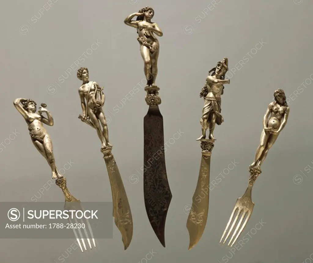 Silversmith's Art, Italy 20th century. Eugenio Bellosio (1847-1927), Set of cutlery with mythological figures-shaped handles, 1887.
