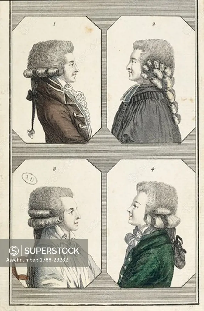 Fashion, France, 18th century. Men's fashion plate depicting hairstyles. Print by Defraine and Duhamel, 1786.