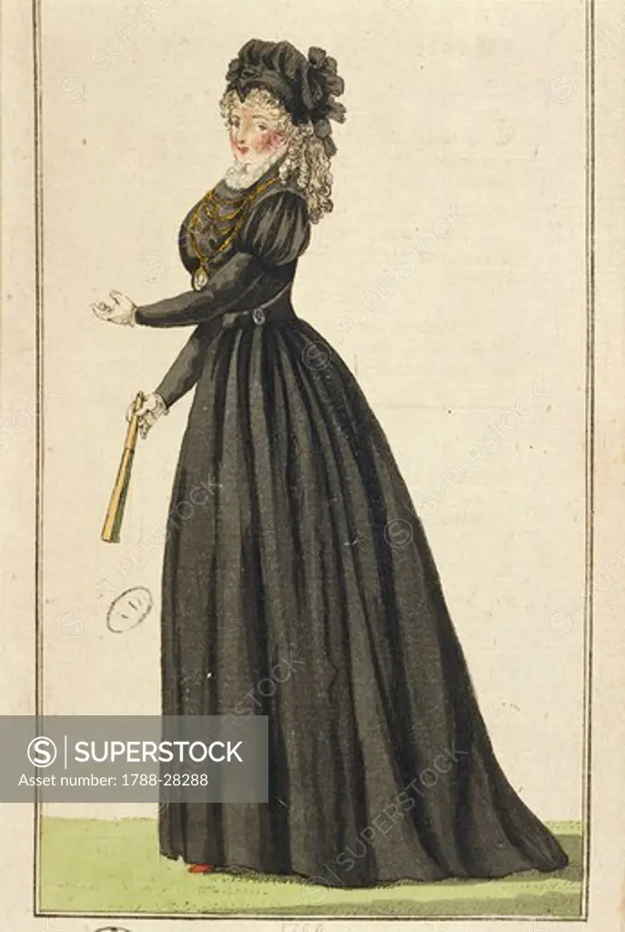Fashion, England, 18th century. French widow lady in exile, 1796.