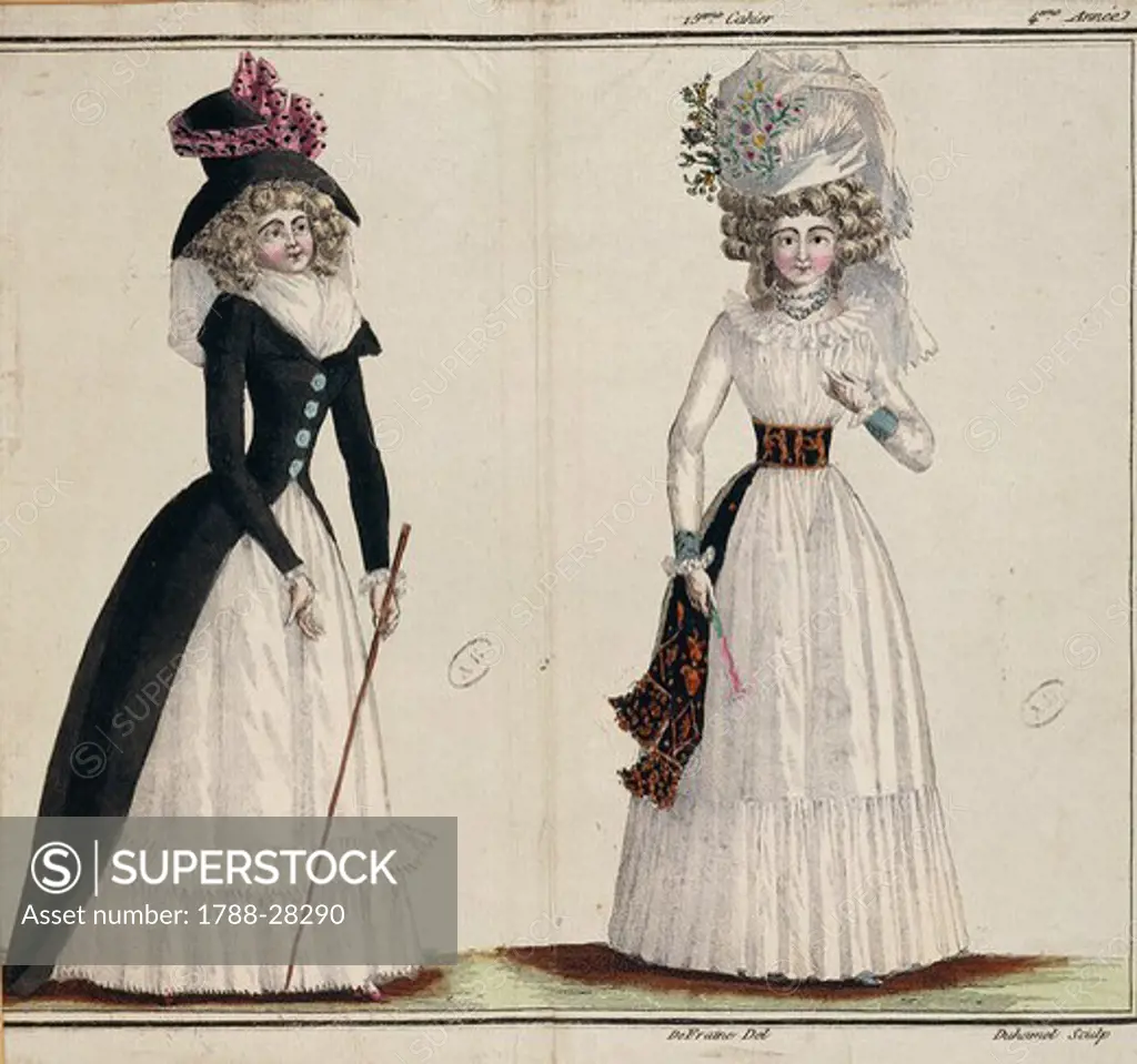 Fashion, France, 18th century. Women's fashion plate. Print by Defraine and Duhamel, 1787.