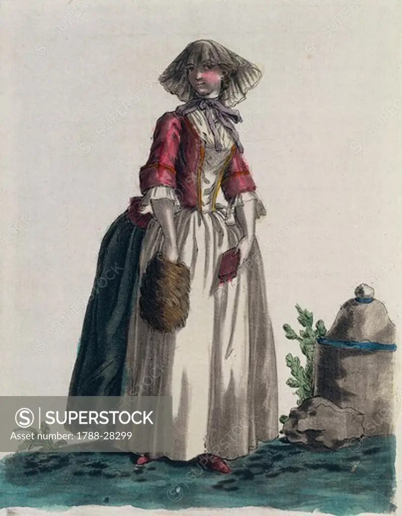Fashion, Italy, 18th century. Women's fashion plate depicting a middle class Florentine woman. Print by Sylvain.