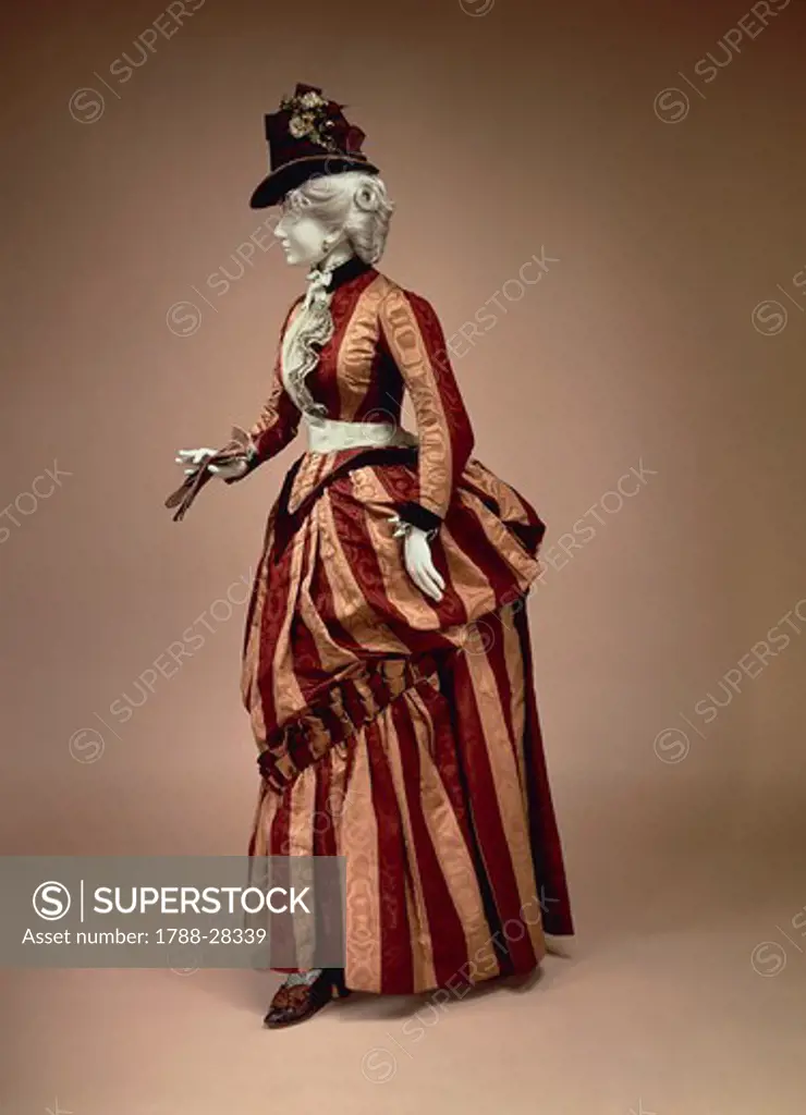 Fashion, England, 19th century. Charles Frederick Worth (1825-1895), Day dress in striped moire silk, around 1888.