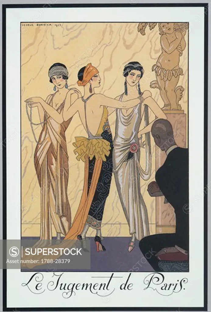 Fashion, France, 20th century - George Barbier's Album Falbalas et Fanfreluches. Art Deco hand colour stencil prints, Almanac for 1924. The Judgment of Paris (Le Jugement de Paris)
