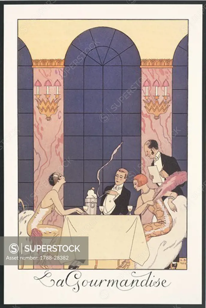 Fashion, France, 20th century. Art Deco. George Barbier, Falbalas et Fanfreluches. Almanac for 1925: ""La gourmandise"" (Gluttony)