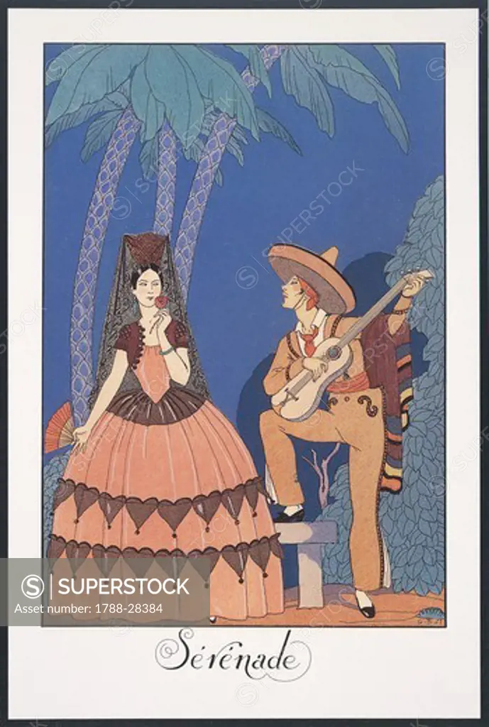 Fashion, France, 20th century. Art Deco. George Barbier, Falbalas et Fanfreluches. Almanac for 1924. Serenade (Serenade in Mexican costumes)
