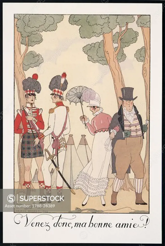 Fashion, France, 20th century. Art Deco. Falbalas et Fanfreluches. Almanac for 1923: Venez donc, ma bonne amie (Curiosity about English uniforms).