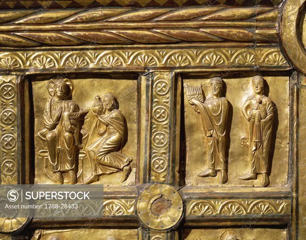 Goldsmith's art, Denmark, 13th century. Wooden altar covered in gold leaf, from Olst near Randers, 1200-1225. Detail: Adoration of the Magi.