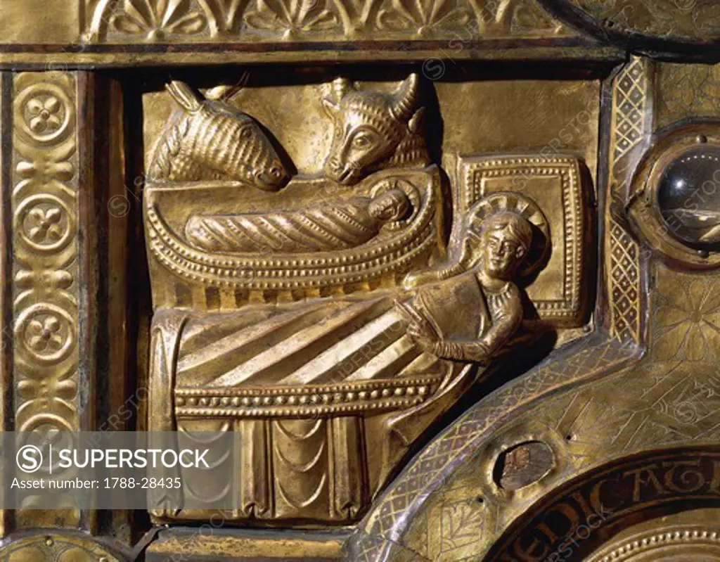 Goldsmith's art, Denmark, 13th century. Wooden altar covered in gold leaf, from Olst near Randers, 1200-1225. Detail: Nativity.