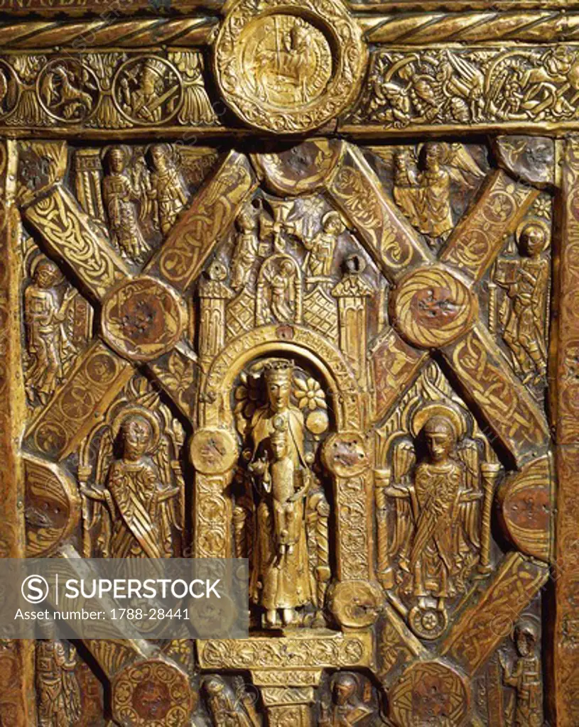 Goldsmith's art, Denmark, 12th century. Golden altar frontal from Lisbjerg near Aarhus, 1125-1150. Detail: enthroned Virgin Mary and Angels.