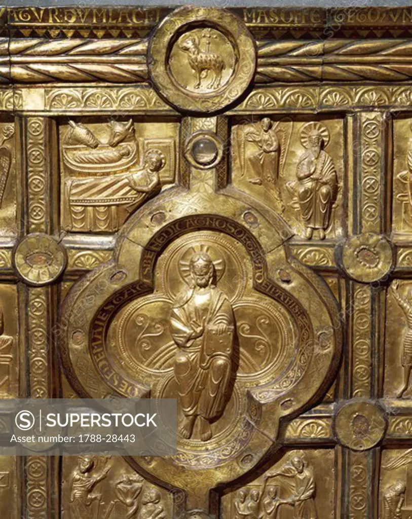 Goldsmith's art, Denmark, 13th century.  Wooden altar covered in gold leaf, from Olst near Randers, 1200-1225. Detail: Blessing Christ.